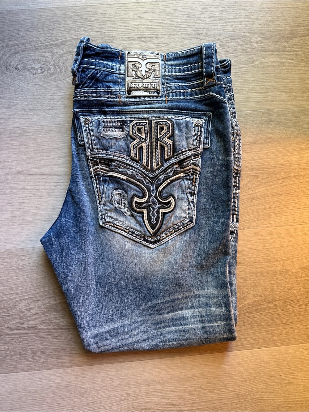 Rock Revival Men's Faded Blue Embroidered Pocket Jeans